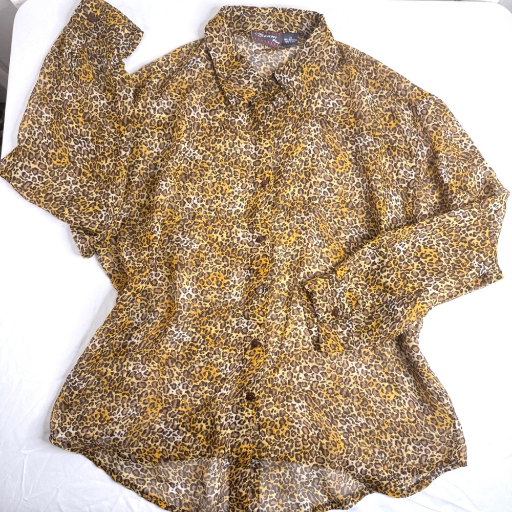 Team Plus Womens 2X Leopard Print Sheer Button Up Blouse Long Sleeve Animal Top